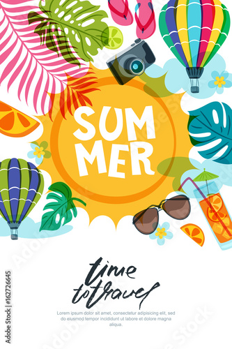 Vector banner, poster or flyer design template with sun, palm leaves and air balloons. Summer beach doodle illustration. Concept for summer holidays, travel and tourism background.