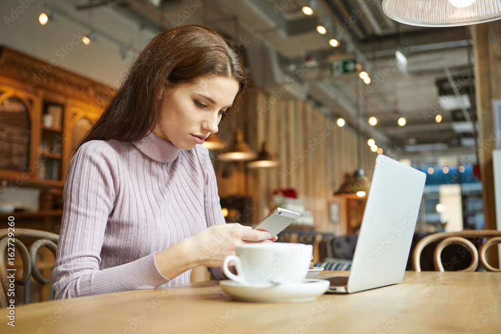 Beautiful brunette using laptop in cafe. Blogger work concept Beautiful brunette using laptop in cafe. Blogger work concept