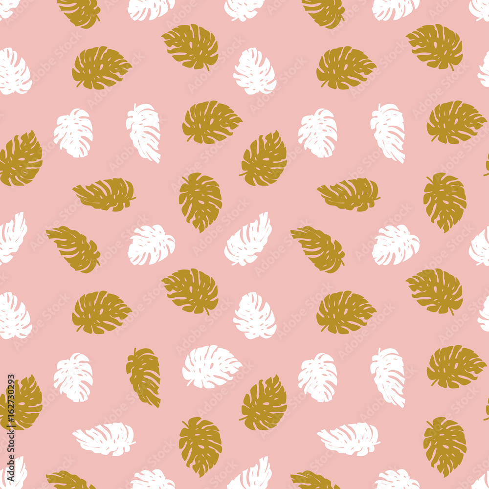 Fototapeta premium Exotic gold and white leaves on the pink background. Seamless hand drawn tropical pattern. Vector background with monstera.