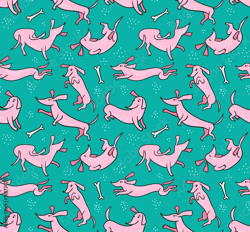 Funny fabric design. Seamless pattern with pink dogs on the blue background. Cartoon vector background with dachshunds.