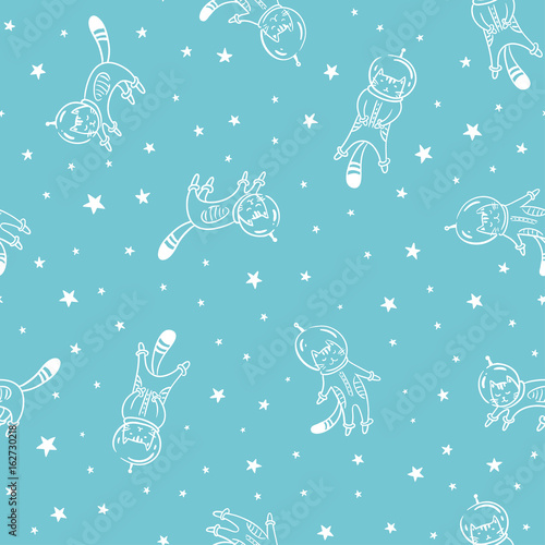 Funny cat astronaut in space, vector seamless pattern. Cat as a cosmonaut, space suit, funny seamless pattern, design for kids