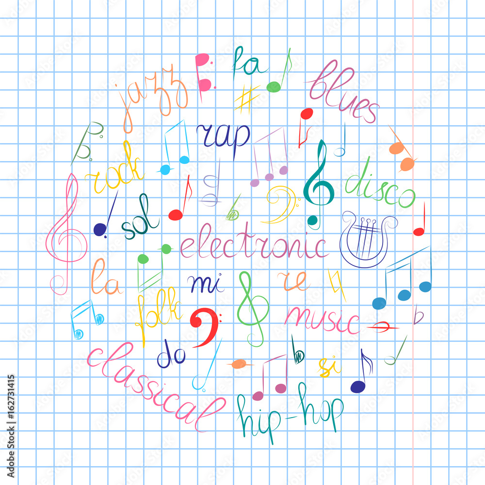 Colorful Hand Drawn Set of  Music Symbols.  Doodle Treble Clef, Bass Clef, Notes and Music Styles Arranged in a Circle on Sheet.. Vector Illustration.