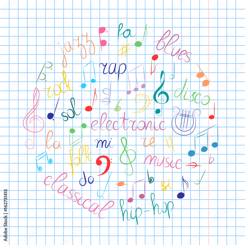 Colorful Hand Drawn Set of Music Symbols. Doodle Treble Clef, Bass Clef, Notes and Music Styles Arranged in a Circle on Sheet.. Vector Illustration. Colorful Hand Drawn Set of Music Symbols. Doodle Treble Clef, Bass Clef, Notes and Music Styles Arranged in a Circle on Sheet.. Vector Illustration.
