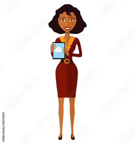 Happy African American woman character with tablet vector illustration isolated on white