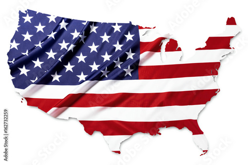 American flag pattern in country map shape on white with clipping path