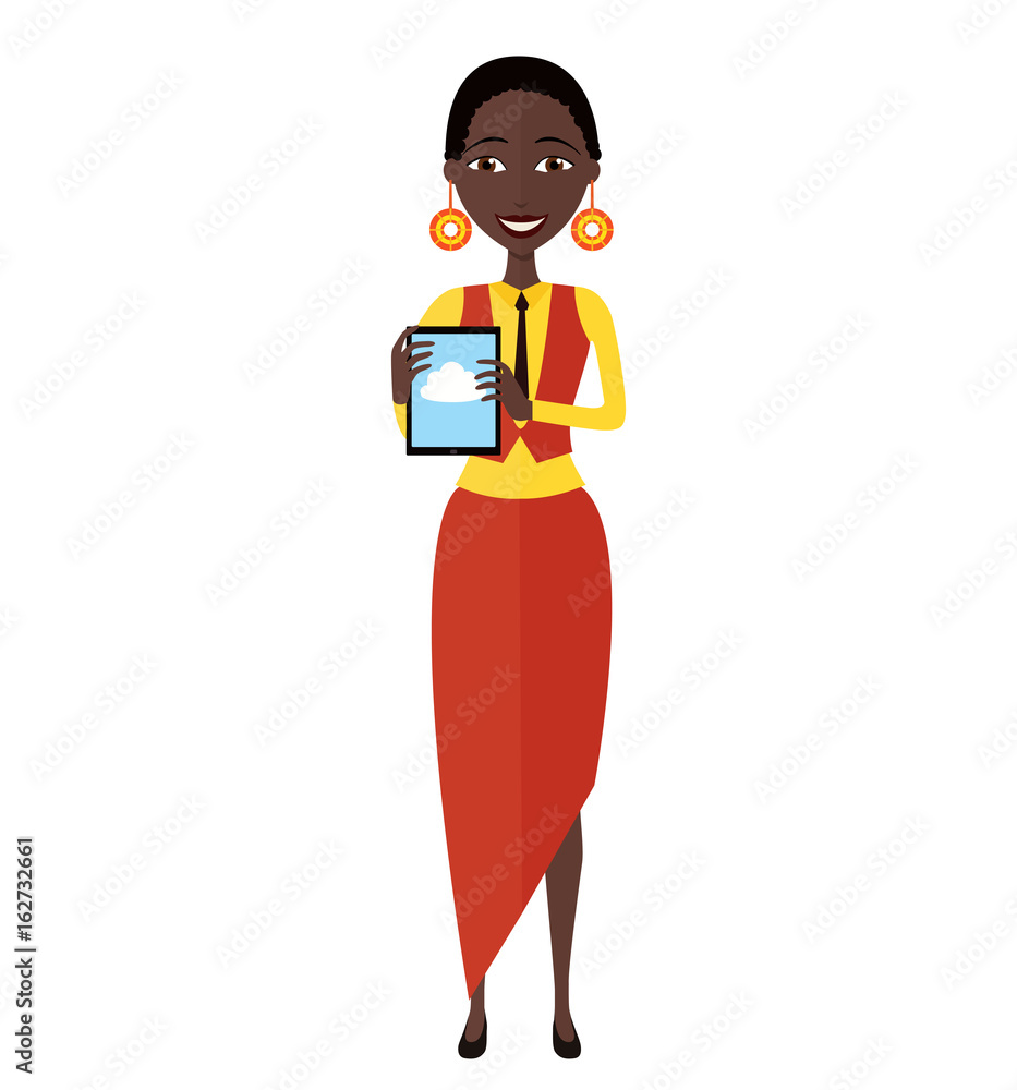 Fototapeta premium Happy african american business woman character with tablet flat cartoon vector illustration