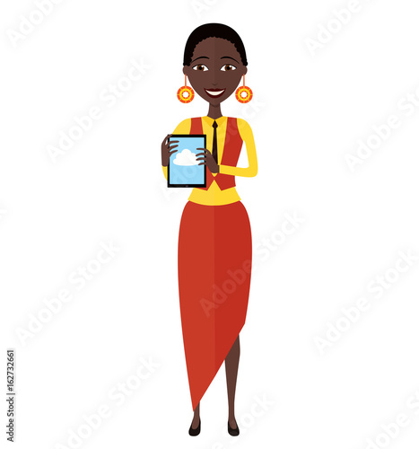 Happy african american business woman character with tablet flat cartoon vector illustration