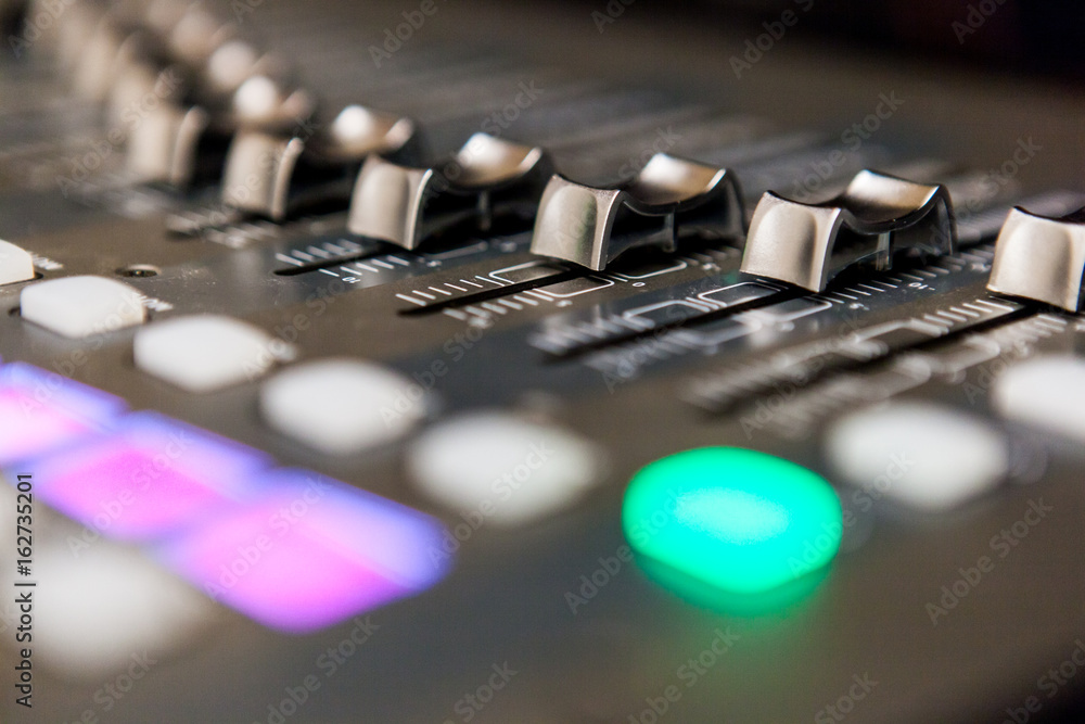 Recording studio equipment. Professional audio mixing console Recording studio equipment. Professional audio mixing console