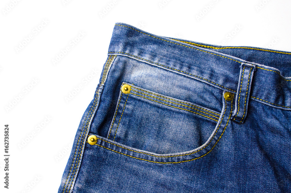 close up view of front pocket vintage blue denim jeans pant fashion isolated on white background, texture background, selective focus
