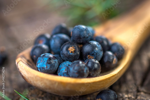 Juniper berries on old wooden table
