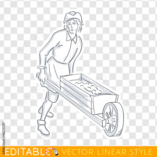 Working with a wheelbarrow. Working social class in medieval Europe. Editable line sketch. Stock vector. Historical illustration.