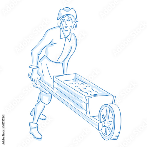 Working with a wheelbarrow. Working social class in medieval Europe. Line sketch. Stock vector. Historical illustration.