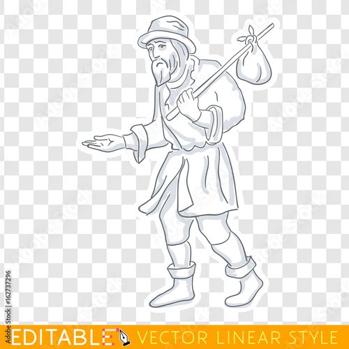 Tramp vagabond homeless. Lower social class in medieval Europe. Editable line sketch. Stock vector. Historical illustration.