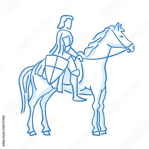 Fototapeta Naklejka Na Ścianę i Meble -  Medieval knight on horseback icon. Line sketch. Stock vector. Historical illustration.