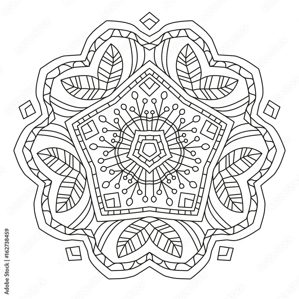 Mandala Ornament. Round Element For Coloring Book or Decoration. Black Lines on White Background. 