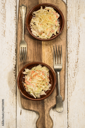 home made irish cole slaw in a brown bowl