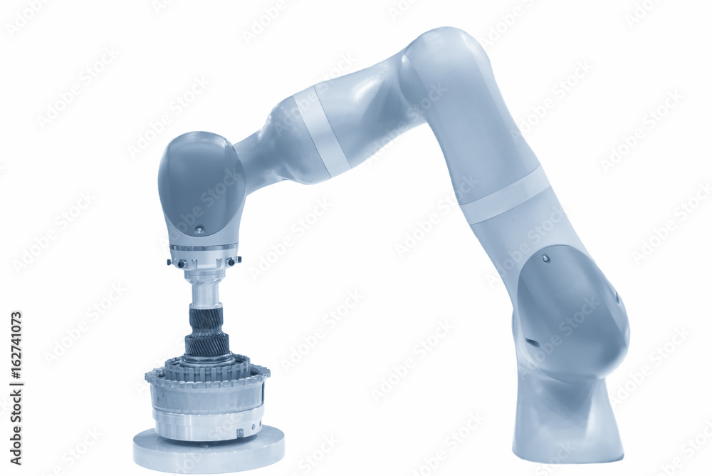 The isolate of robot arm pull the automatic gear box in the white background.New production engineering . The isolate of robot arm pull the automatic gear box in the white background.New production engineering .
