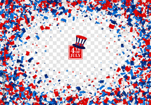 4th of July festive background with top hat, stars. USA Happy Independence Day design concept with scatter papers, stars in traditional American colors - red, white, blue. Isolated.