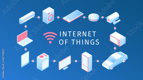 Internet of things layout. IOT online synchronization and connection via smartphone wireless technology. Smart home concept with isometric icons and symbols. Vector illustration.