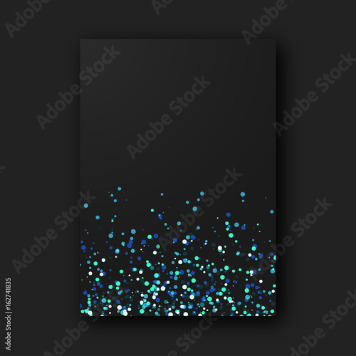 Stylish black paper poster sheet with shiny glam green blue glitter sequins on black background
