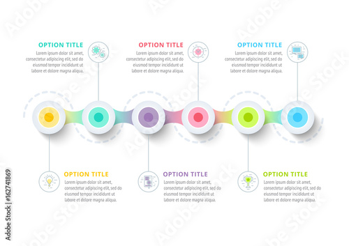 Business timeline in step circles infographics. Corporate milestones graphic elements. Company presentation slide template with year periods. Modern vector history time line layout design.