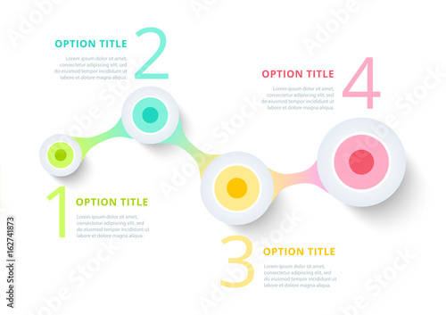 Business process chart infographics with step circles. Circular corporate timeline graphic elements. Company presentation slide template. Modern vector info graphic layout design.