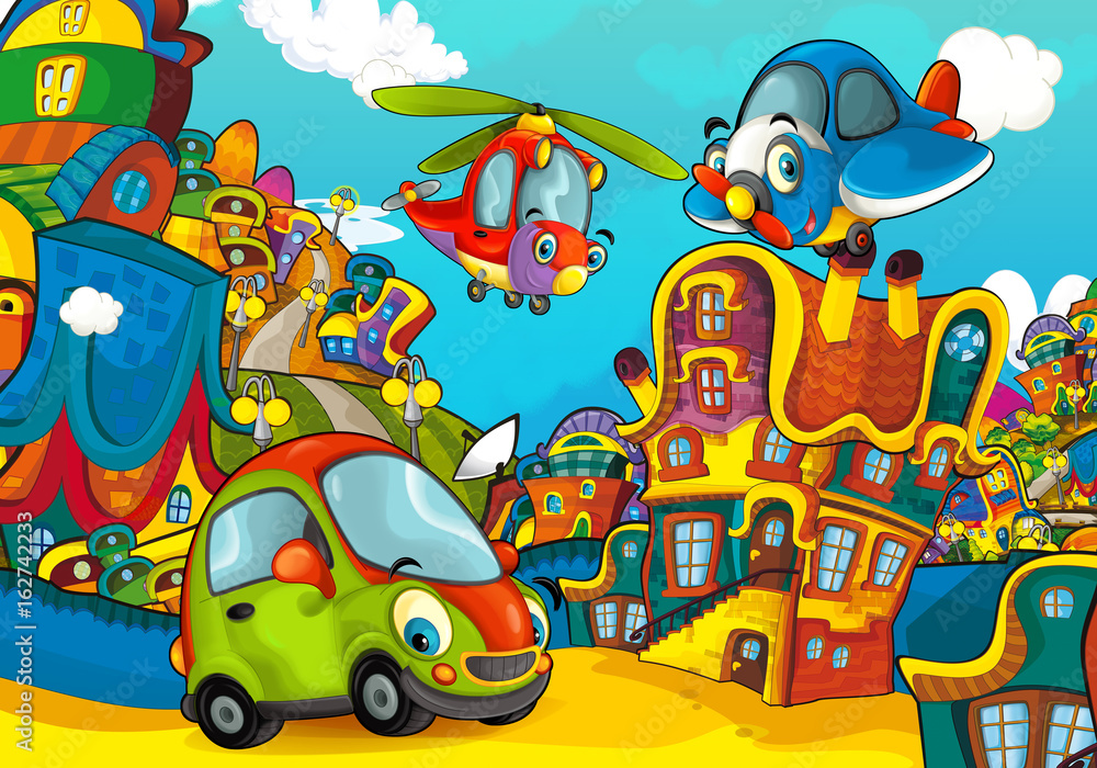 Cartoon sports car smiling and looking in the parking lot / helicopter plane flying over - illustration for children Cartoon sports car smiling and looking in the parking lot / helicopter plane flying over - illustration for children