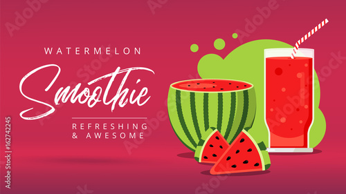 Slices of watermelon with glass of fresh juice web ad background. Juicy refreshing cocktail drink. Sweet healthy summer fruit smoothie. Organic refreshment water melon shake banner.