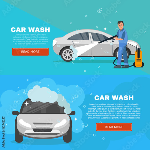 Vector concept car wash service illustration. Car washing concept horizontal banners set. Man worker washing car vector illustration. © fleren