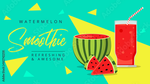 Slices of watermelon with glass of fresh juice web ad background. Juicy refreshing cocktail drink. Sweet healthy summer fruit smoothie. Organic refreshment water melon shake banner.