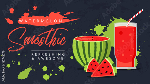 Slices of watermelon with glass of fresh juice web ad background. Juicy refreshing cocktail drink. Sweet healthy summer fruit smoothie. Organic refreshment water melon shake banner.