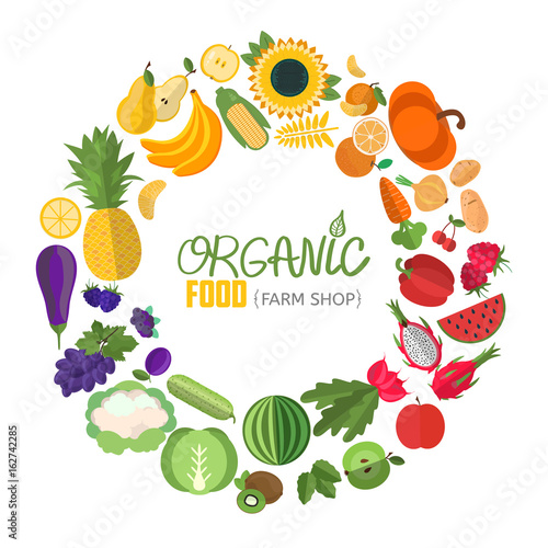 Vector vegetables and fruits illustration. Circle frame with fruit and vegetable icons. Concept illustration for groceries, agriculture stores, packaging and advertising. © fleren