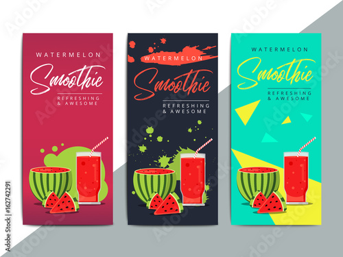 Slices of watermelon with glass of fresh juice web ad background. Juicy refreshing cocktail drink. Sweet healthy summer fruit smoothie. Organic refreshment water melon shake banner.