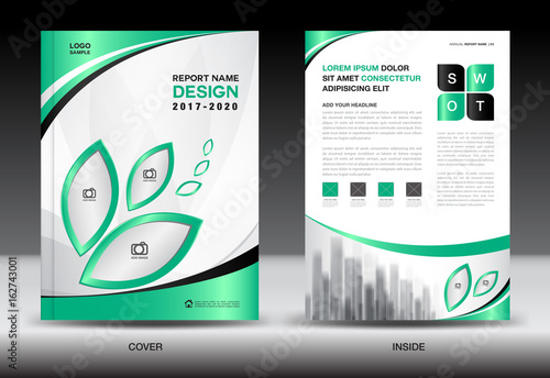 Annual report brochure flyer template, Green cover design, business advertisement, magazine ads, catalog vector layout in A4 size