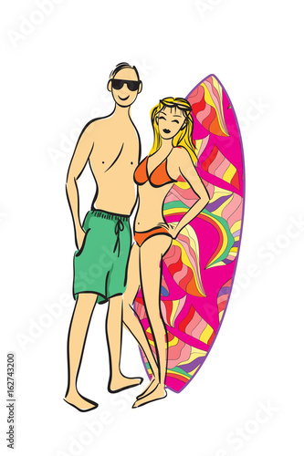 Young couple in swimsuit with surf boad- standing, hugging, smiling.