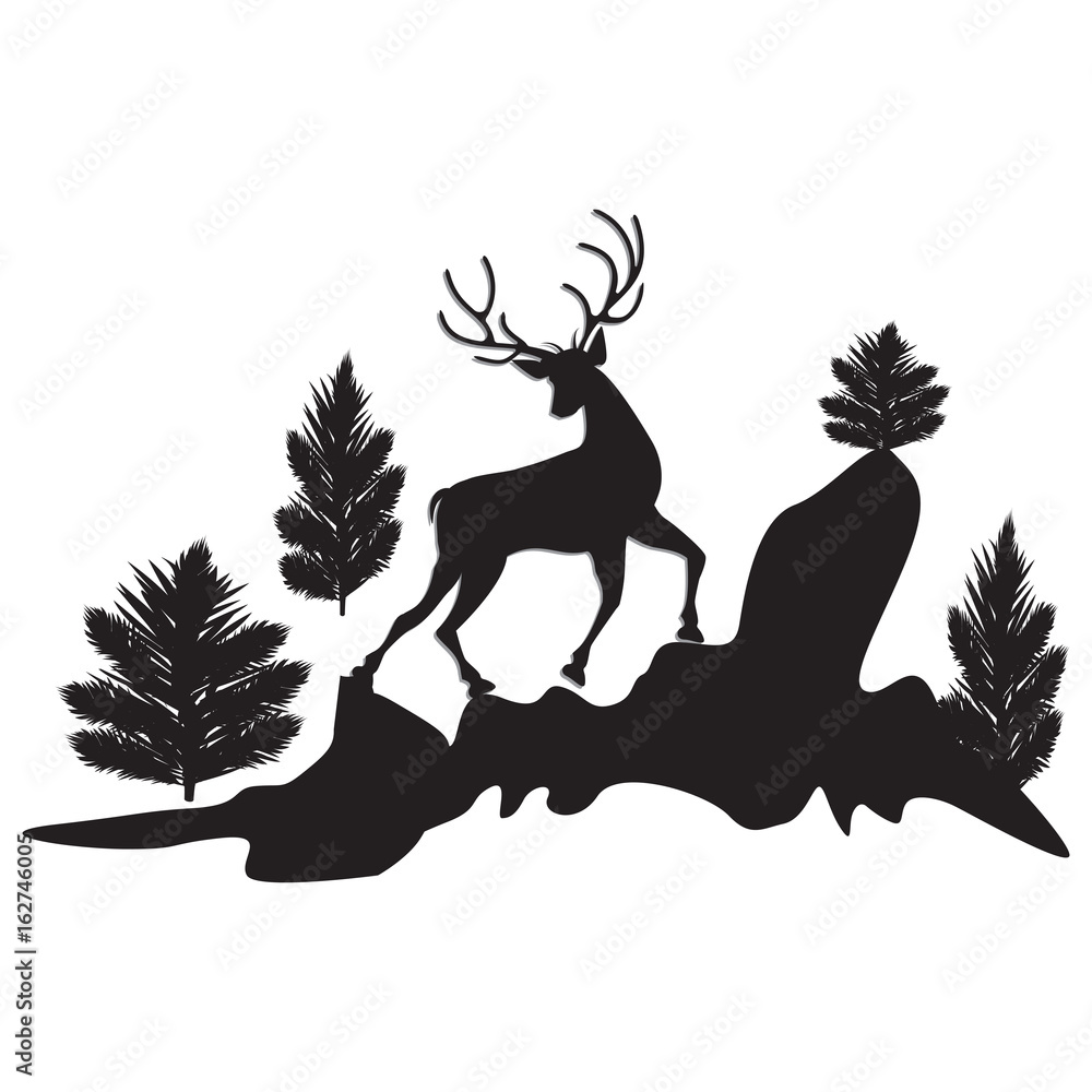 Silhouette running deer trees cliffs black isolated on white background - art abstract creative modern vector illustration Silhouette running deer trees cliffs black isolated on white background - art abstract creative modern vector illustration