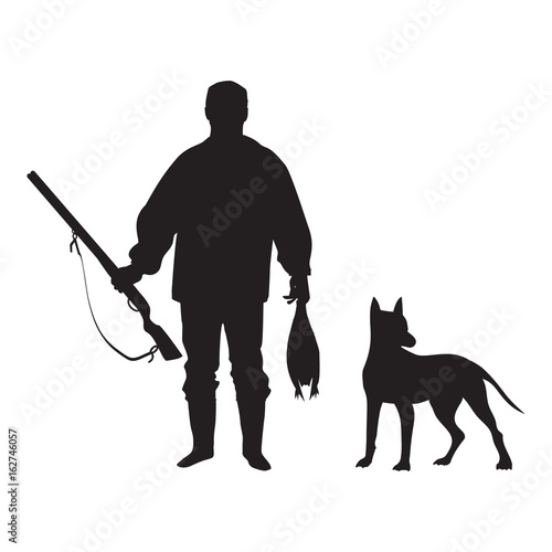Sketch of a hunter with a gun holding a duck in hands next to a standing dog isolated on white background vector photo