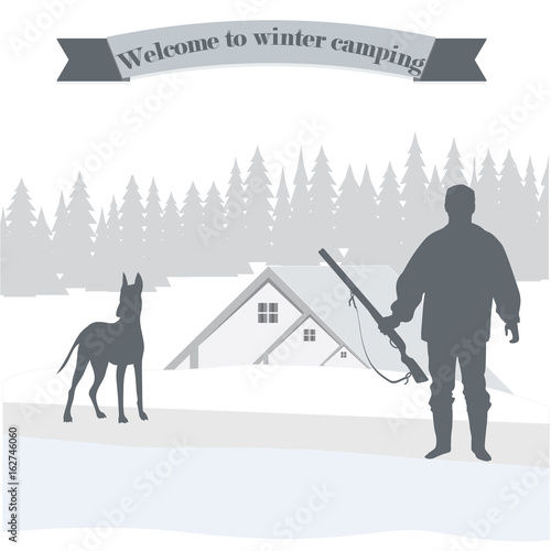 Silhouette hunter with a gun dog camping winter landscape abstract art creative modern illustration light background vector