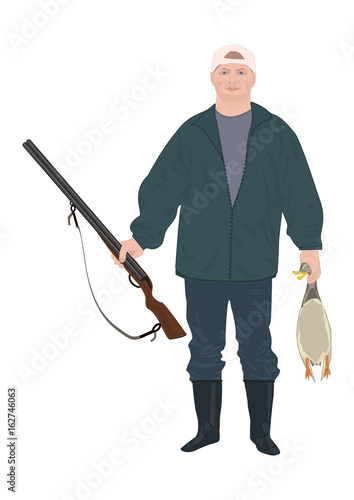 Hunter with a gun holding a duck in his hands isolated on white background art creative modern vector illustration, flat style photo