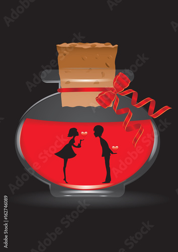 Silhouette of a loving couple with hearts in hand on a glass transparent bottle with a stopper, red and black background, art creative modern vector illustration.