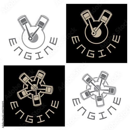 Illustration consisting of four images of the engine in a section, in the form of a logo