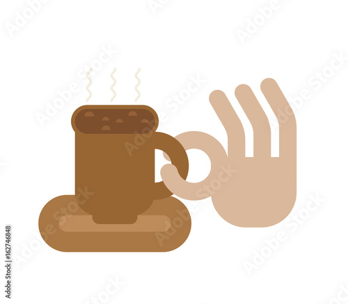 Coffee mug and hand Okay sign. cup of good hot drink