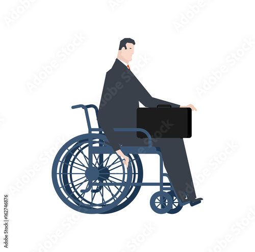 Businessman handicapped in wheelchair. Manager with suitcase
