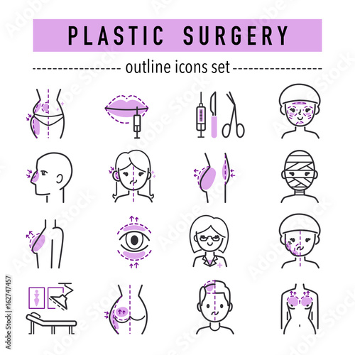 Plastic surgery body parts face correction infographic icons anaplasty medicine skin treatment beauty health procedure vector illustration