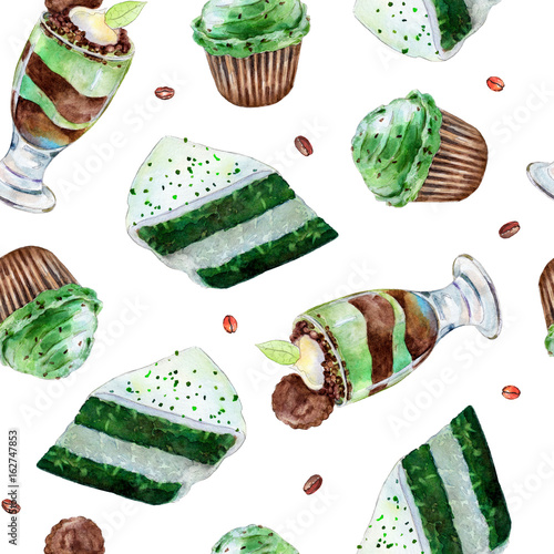 Photos Seamless pattern with cake, cupcake and shot-glass desert, watercolor illustration in hand-drawn style on white background