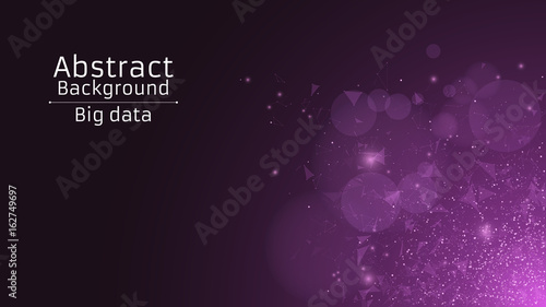 Abstract polygonal background from connected triangles and dots. Modern technologies in design. The luminous particles are purple in the dark. Side view