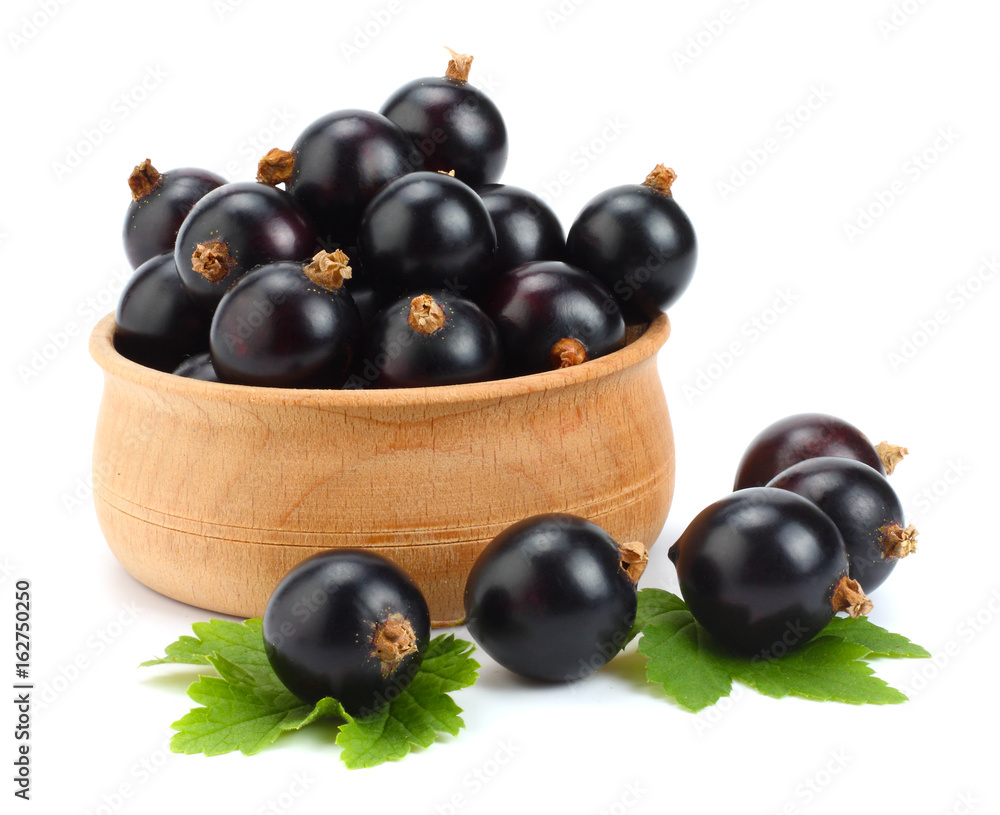 black currant in wooden bowl with green leaf isolated on white background black currant in wooden bowl with green leaf isolated on white background
