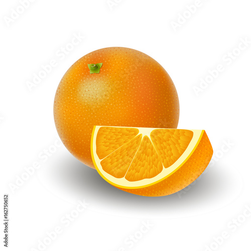 Isolated colored group of orange, slice and whole juicy fruit with shadow on white background. Realistic citrus.