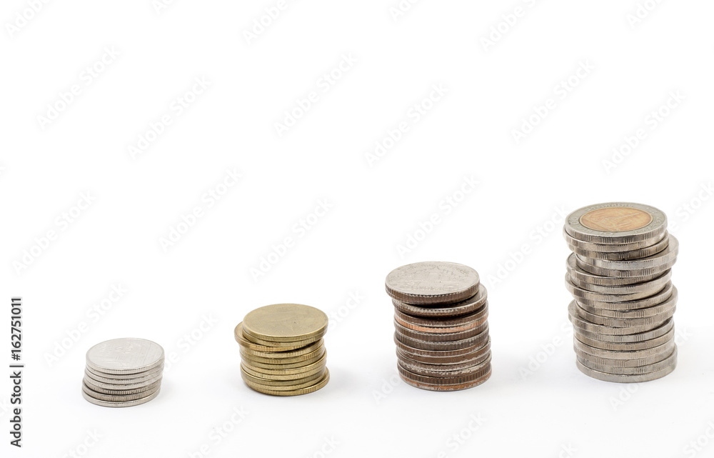 Four stack coins show the money saving concept, financial concept, business growth concept, Investment concept. Four stack coins show the money saving concept, financial concept, business growth concept, Investment concept.