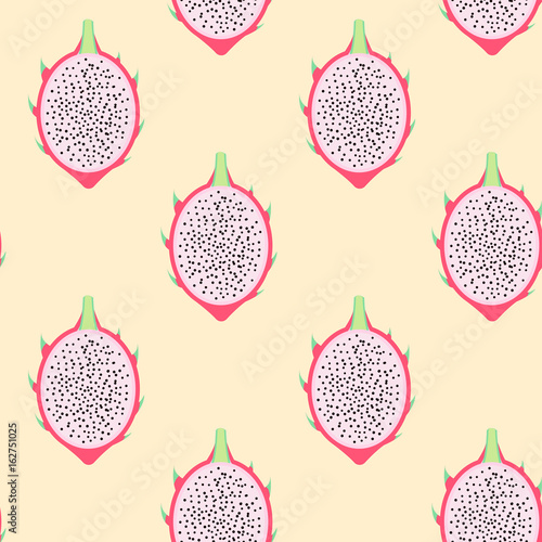 Vector pitahaya exotic fruit slices pattern on the yellow background